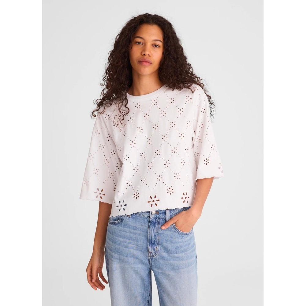 Madewell Women XXS White Embroidered‎ Boxy Crop Tee Allday Jersey Scalloped Hem